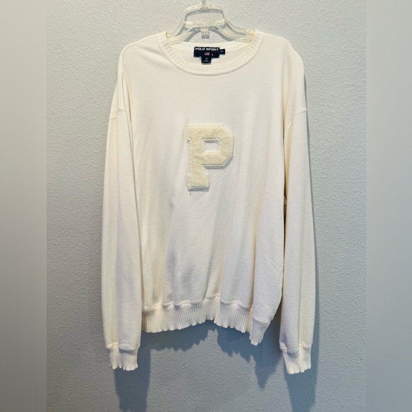 Vintage 90s Polo Sport Ralph Lauren Cream Sweatshirt Varsity Letter P Cotton XXL - Picture 1 of 7